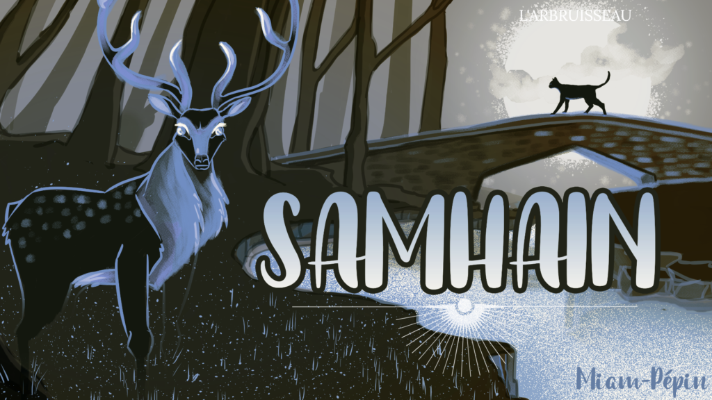 Miam Pepin illustre pour l'ArbRuisseau le Sabbat de Samhain. on voit un cerf et une silhouette de chat dans une atmosphère hivernale bleuté. l'ambiance est sereine et magique