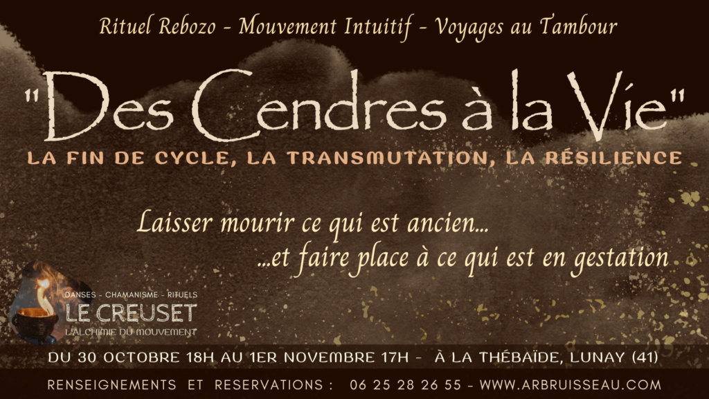 visuel descriptif de la retraite immersive pour Samhain : Des Cendres à la Vie à la Thébaïde près de Paris